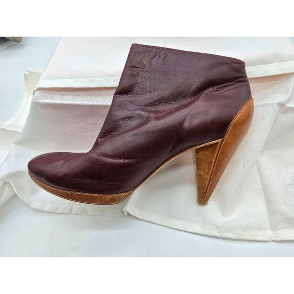 VTG Fossil Brown Leather Heeled Ankle Boots With Wooden Cone Heels sz 11 - Picture 4 of 14